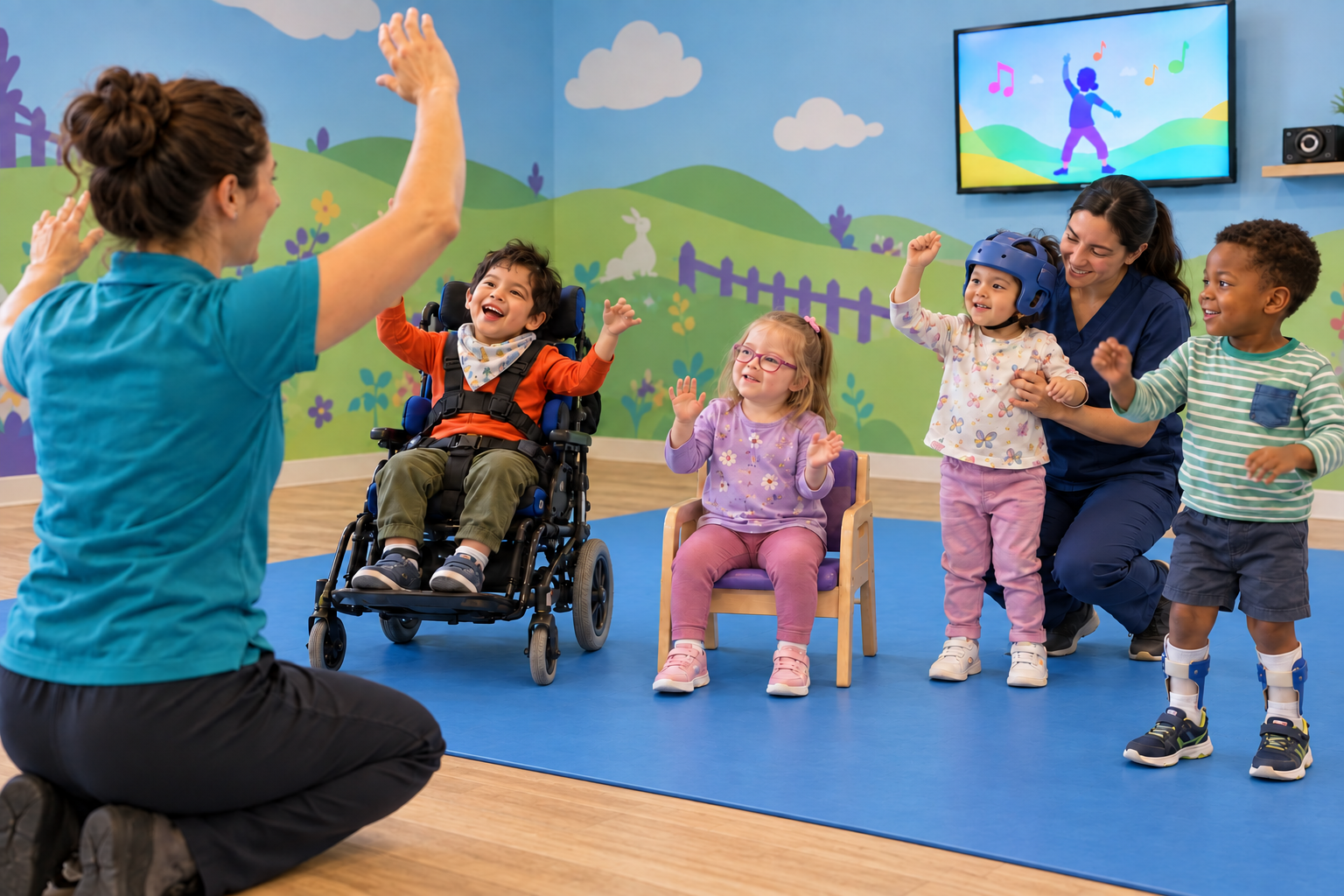 AI-generated scene of four children participating in an adaptive group dance activity with a teacher leading and another staff member providing support