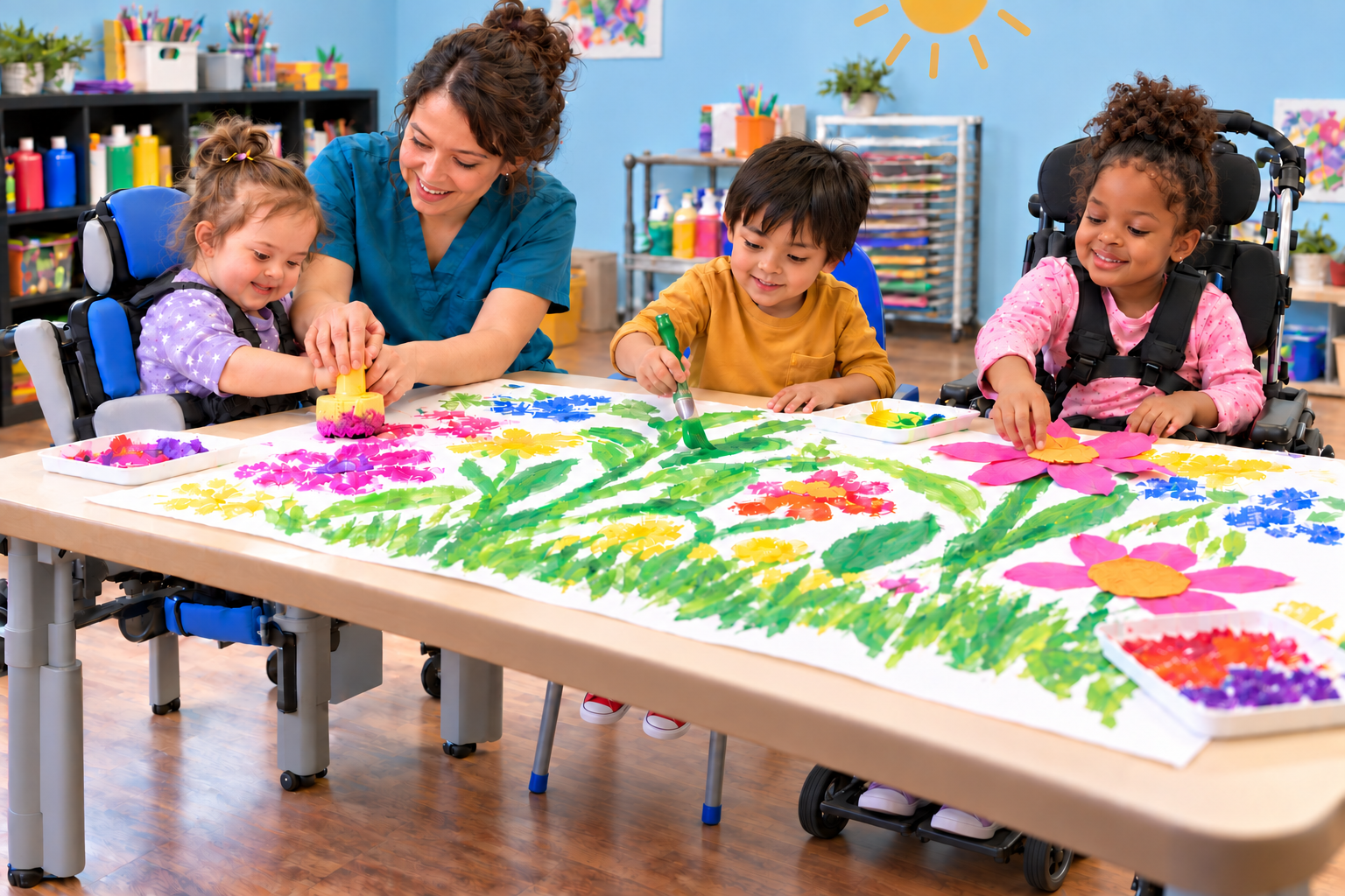 AI-generated scene of three young children creating a shared garden collage with painting and sponge prints while an art therapist guides a child’s hand