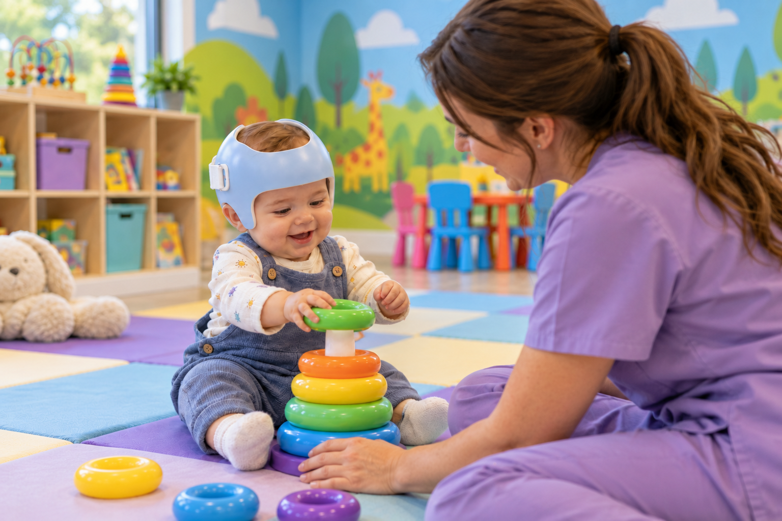 AI-generated scene of a smiling baby wearing a head-shaping helmet, playing with stacking rings beside a caregiver in a pediatric care room
