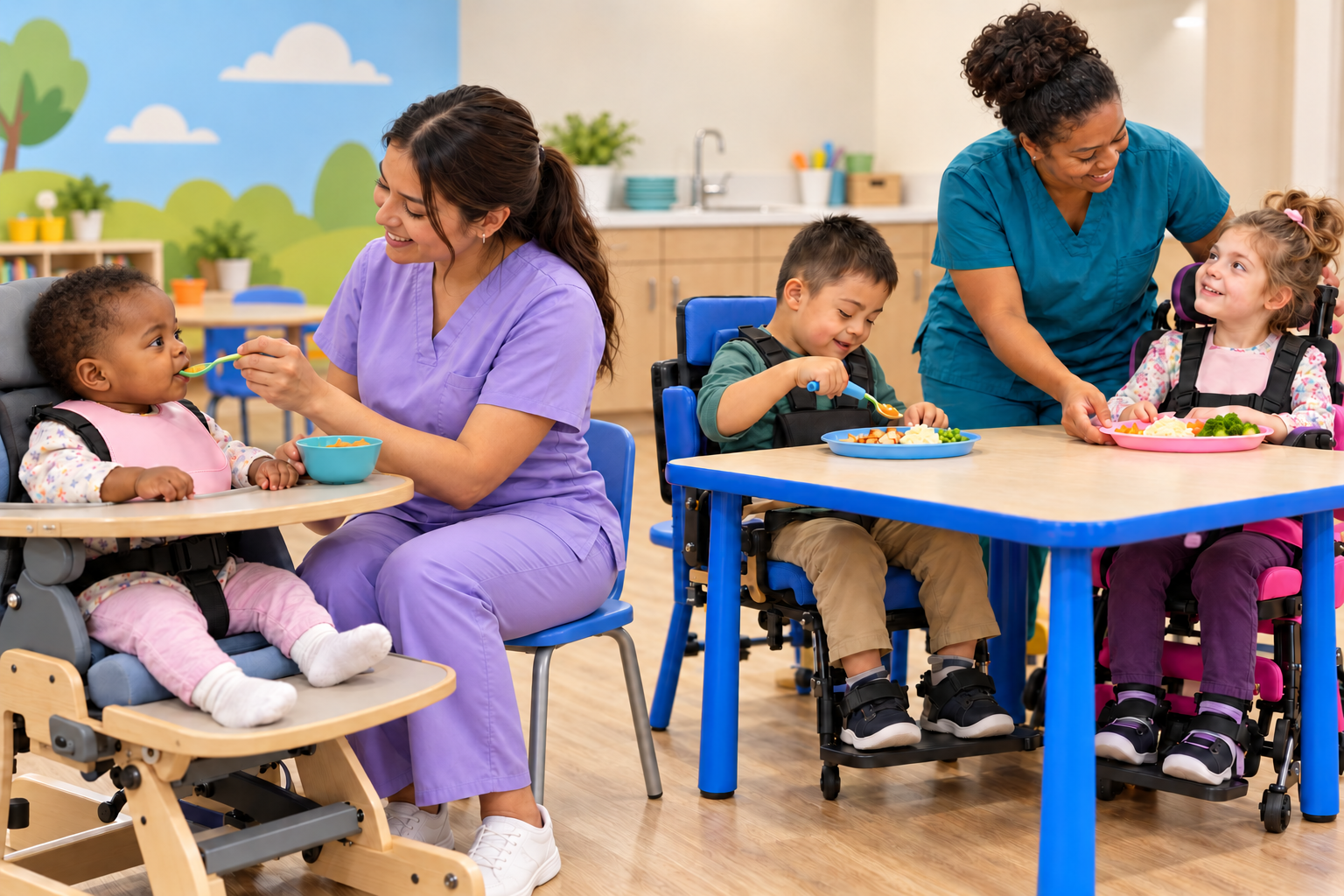 AI-generated scene of nurses helping a baby eat and serving meals to children in supportive seating