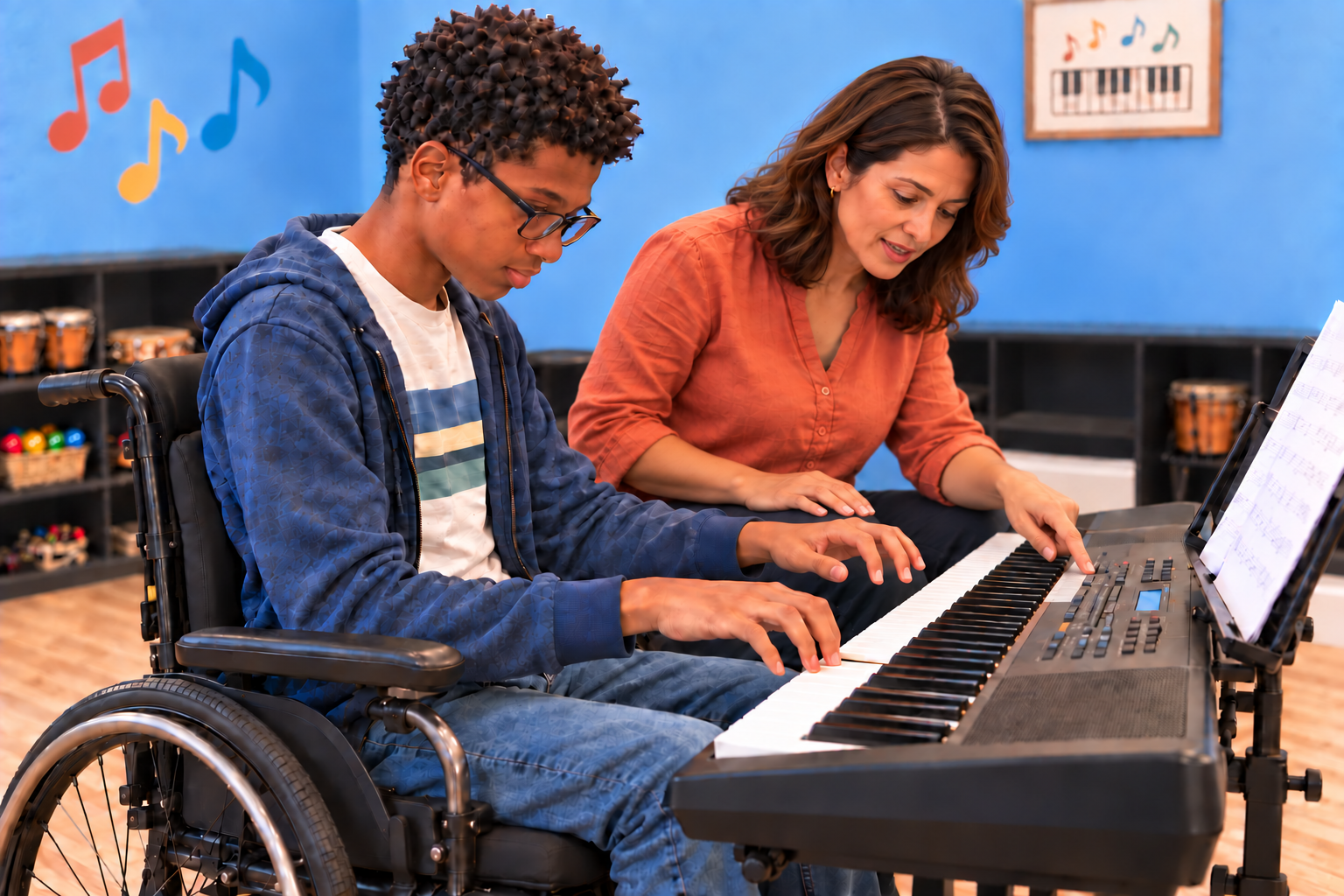 AI-generated scene of a music teacher guiding a teenager playing a portable keyboard from a supportive wheelchair in a blue music room