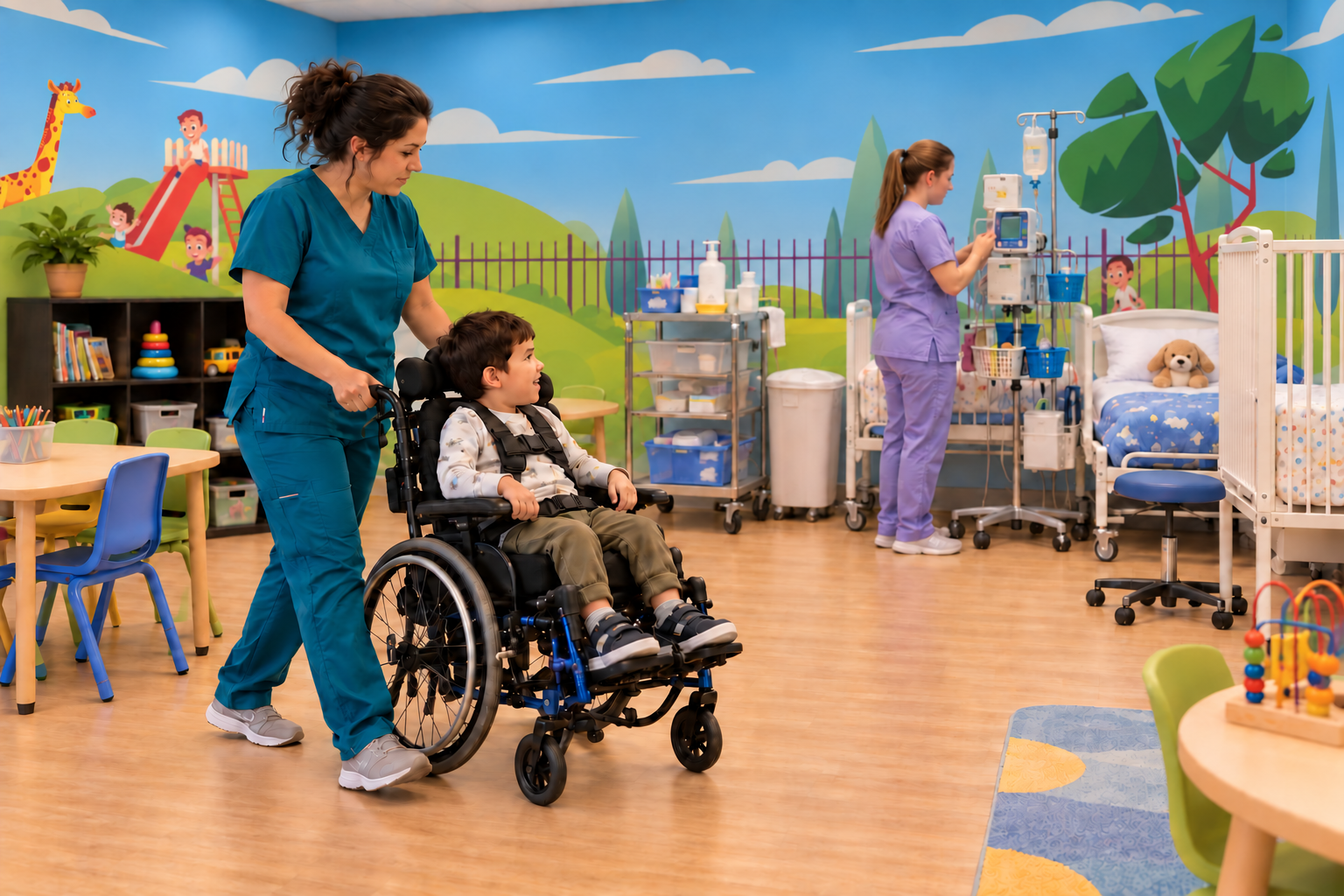 AI-generated scene of a focused caregiver guiding a child’s wheelchair while a nurse prepares care equipment in a room with Wonderland-inspired playground murals