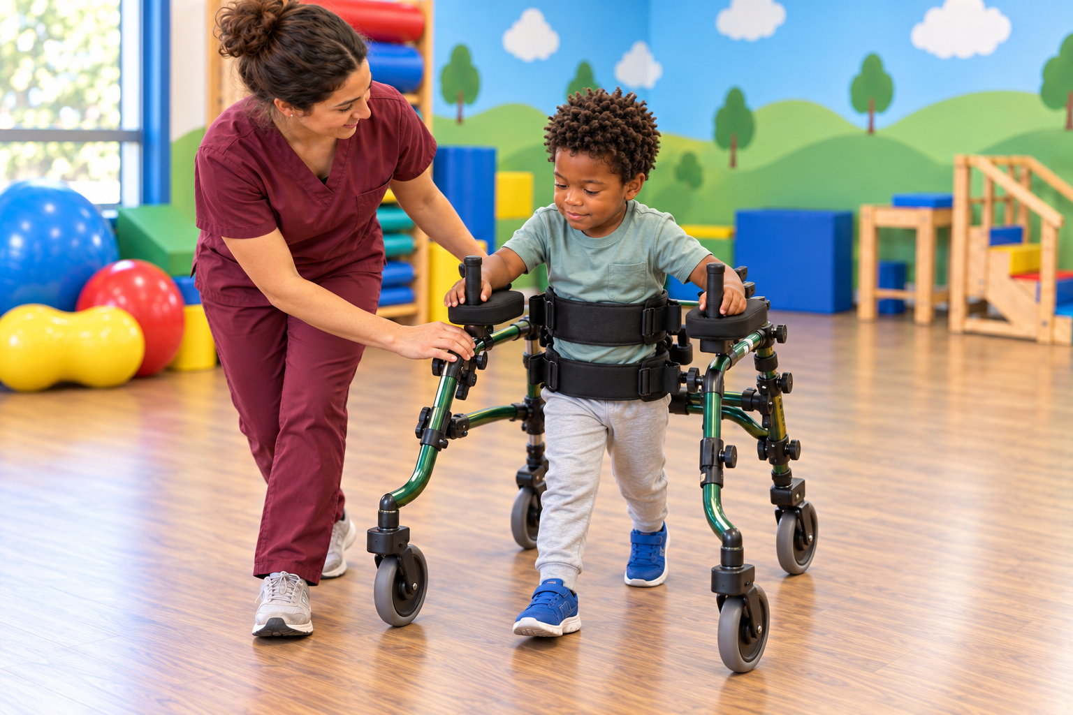 AI-generated scene of a therapist assisting a child practicing steps in a supportive pediatric gait trainer in a physical therapy room