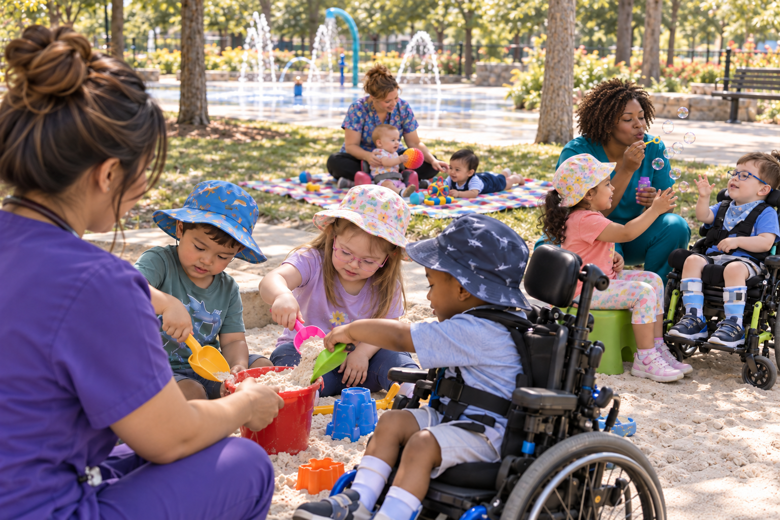 AI-generated illustration of planned supervised park outings, with sand play, bubble play and picnic activities with caregivers