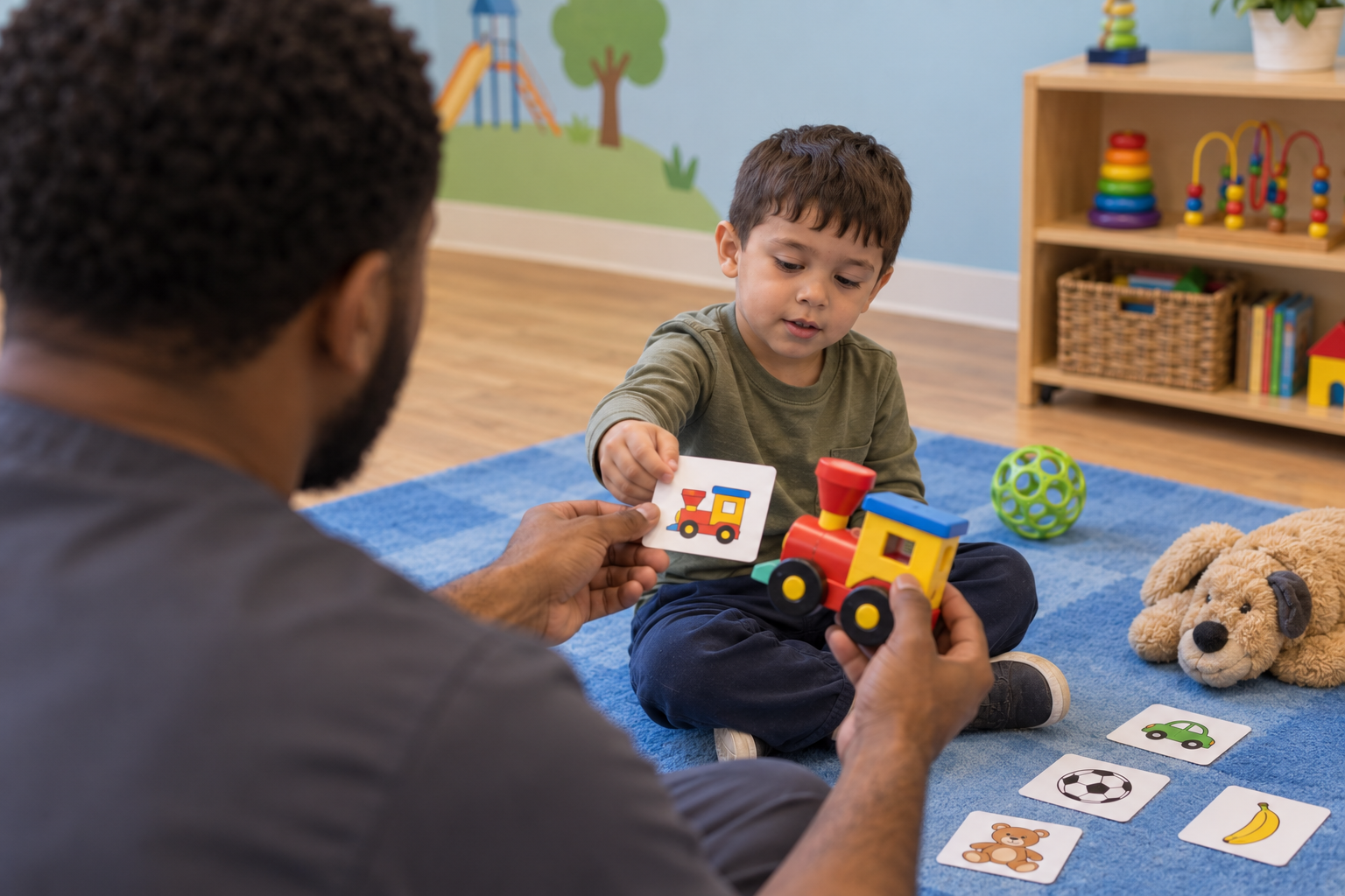 AI-generated scene of a child using a picture card to request a toy from a therapist