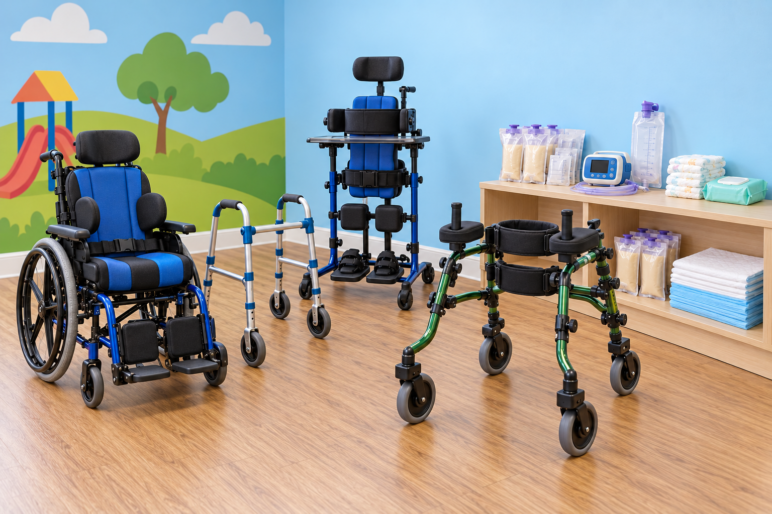 AI-generated display of a pediatric wheelchair, walker, stander, supportive gait trainer, feeding supplies, diapers, wipes, and bed pads