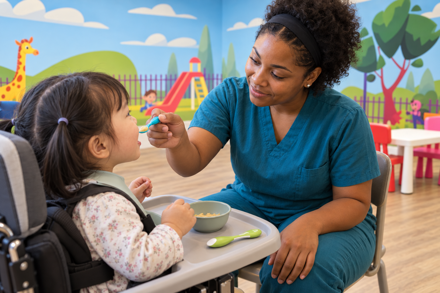 AI-generated scene of a feeding therapist guiding a young child practicing eating with a spoon