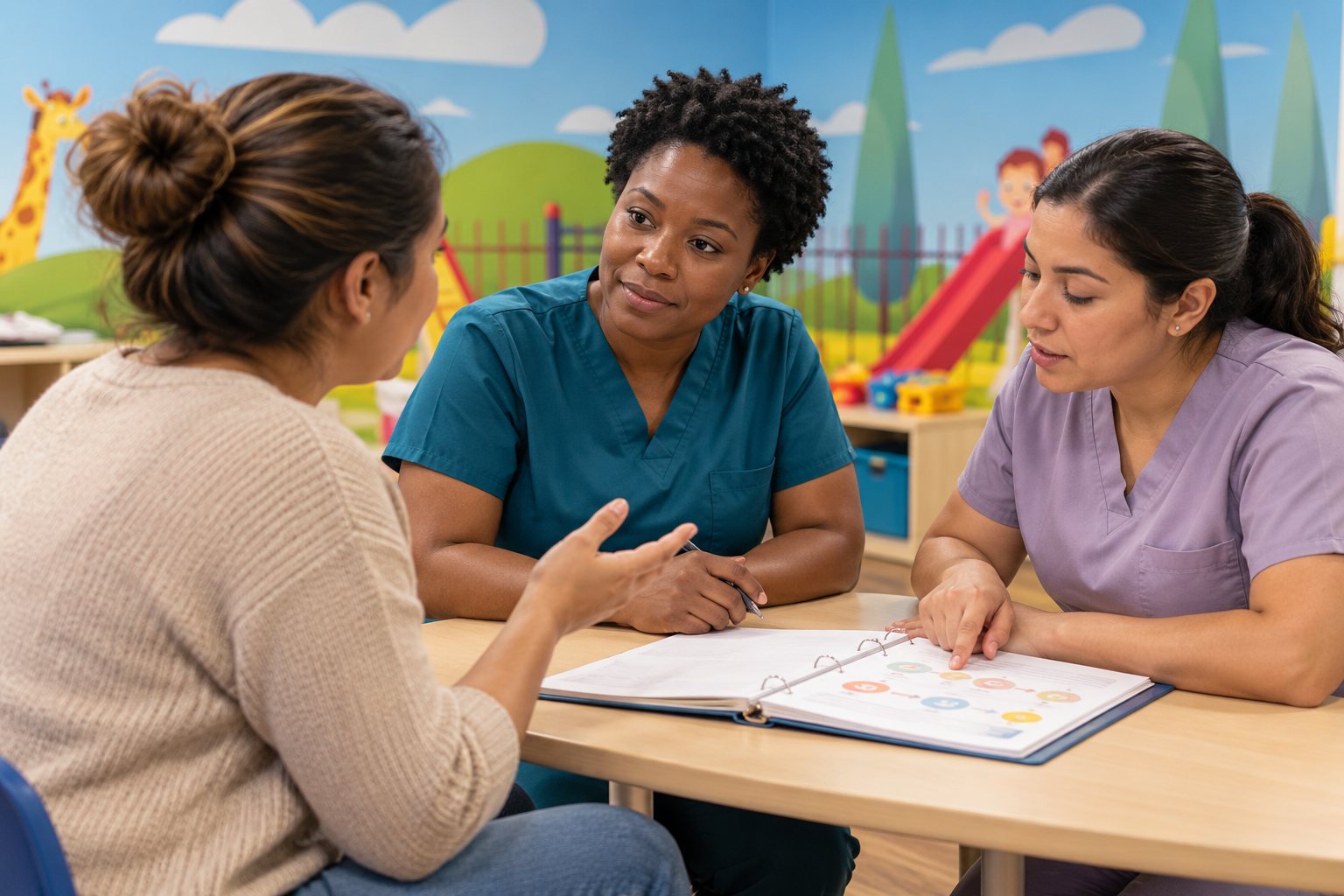 AI-generated scene of two staff members listening to a parent and reviewing care information together