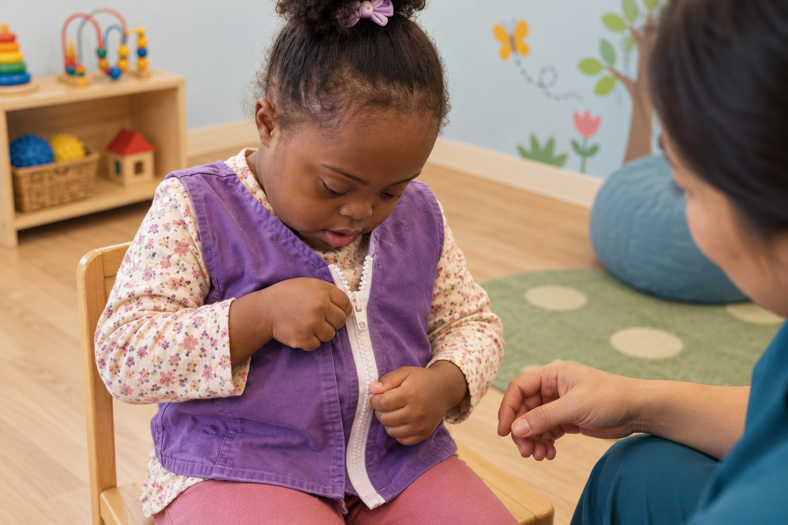 AI-generated scene of a child practicing a clothing fastener with an occupational therapist