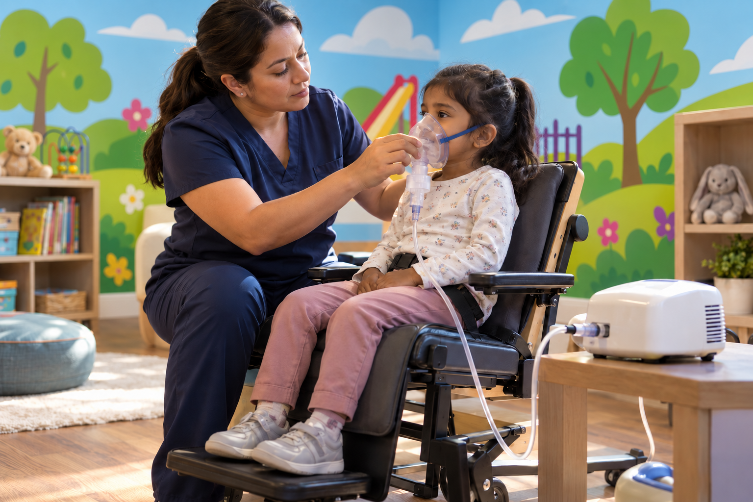 AI-generated scene of a respiratory therapist supporting a child during a nebulizer treatment