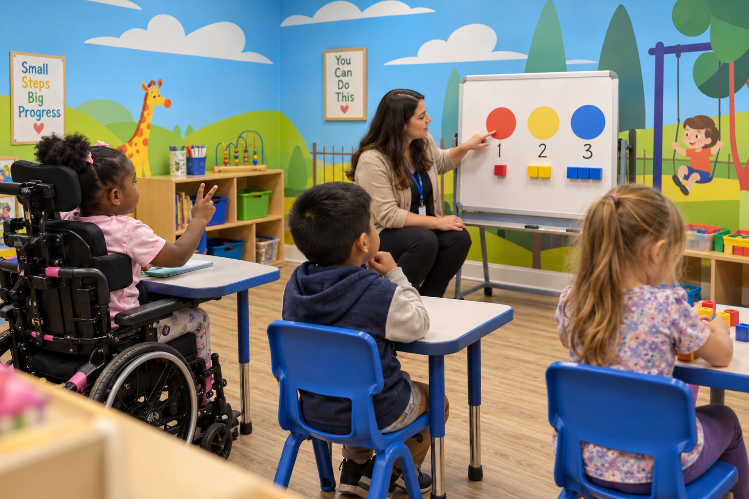 AI-generated classroom scene of a teacher leading young children through a counting lesson