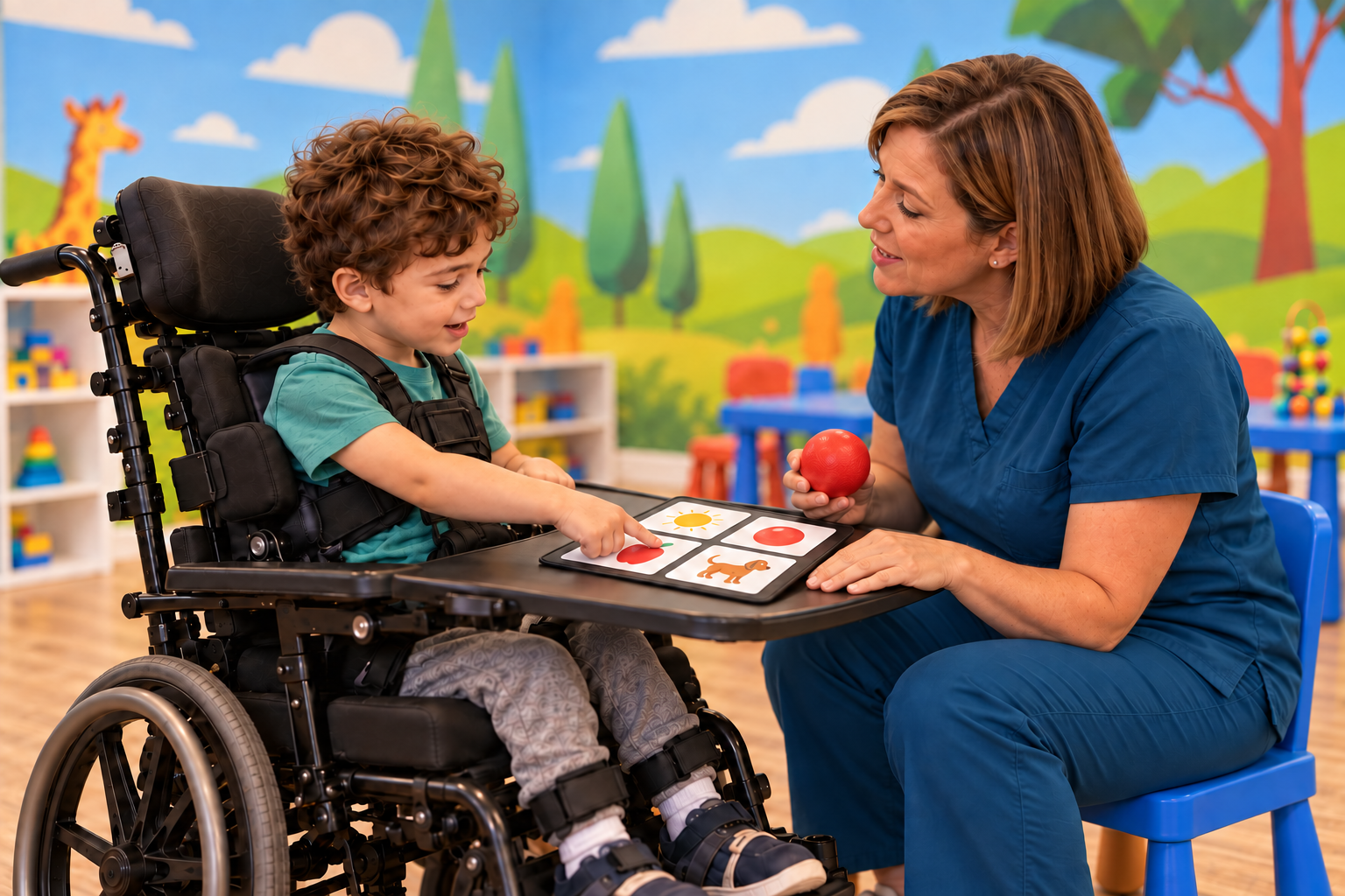 AI-generated scene of a speech therapist modeling a word with a toy ball and communication pictures beside a child using a wheelchair