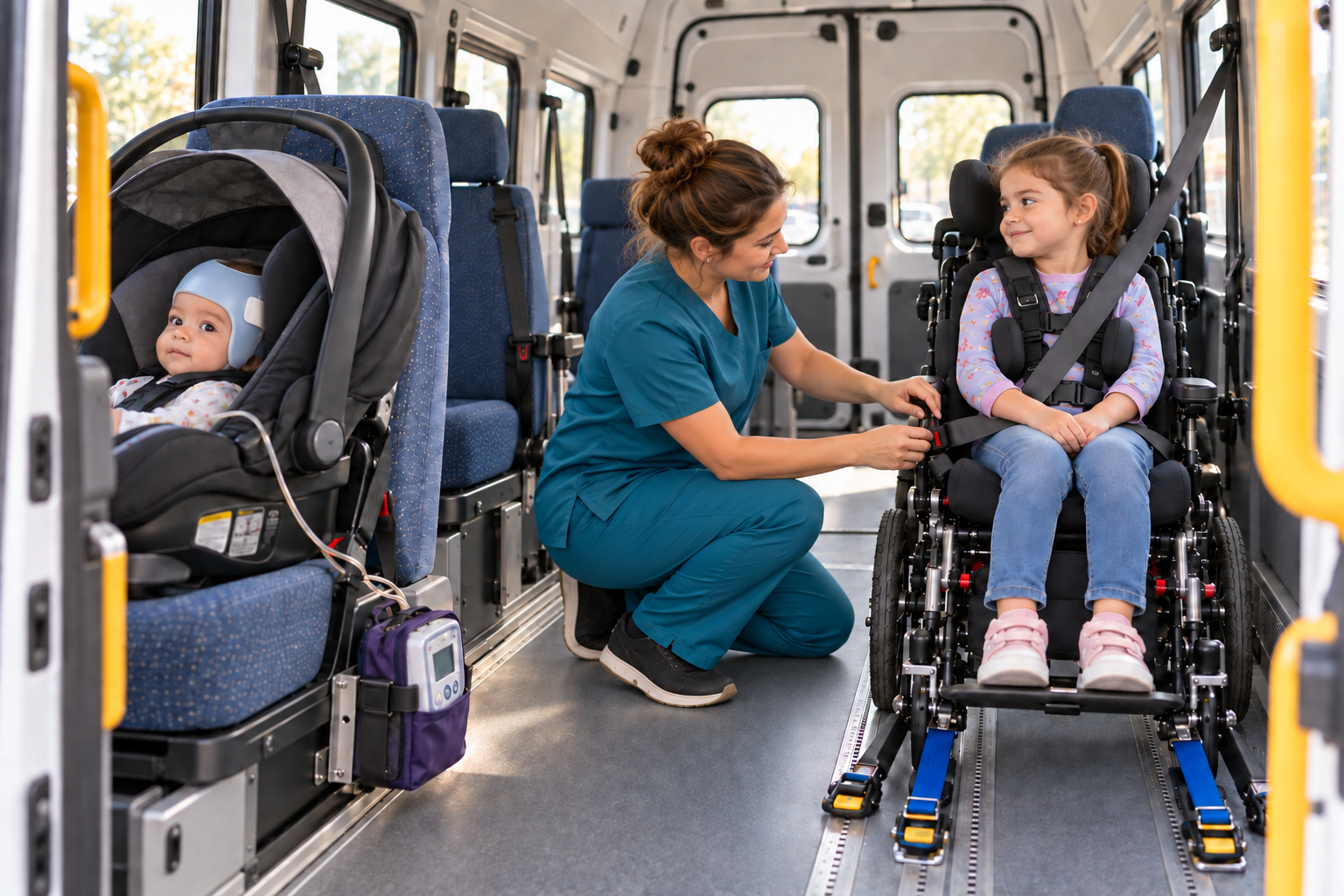 AI-generated scene inside a parked transport vehicle of a nurse checking a child’s lap belt beside a baby wearing a helmet in a car seat with nearby feeding equipment